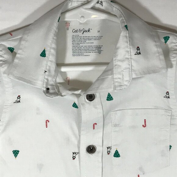 Cat & Jack Boy's 3T White Button Up Long Sleeve All Over Print Christmas Shirt - Picture 2 of 9